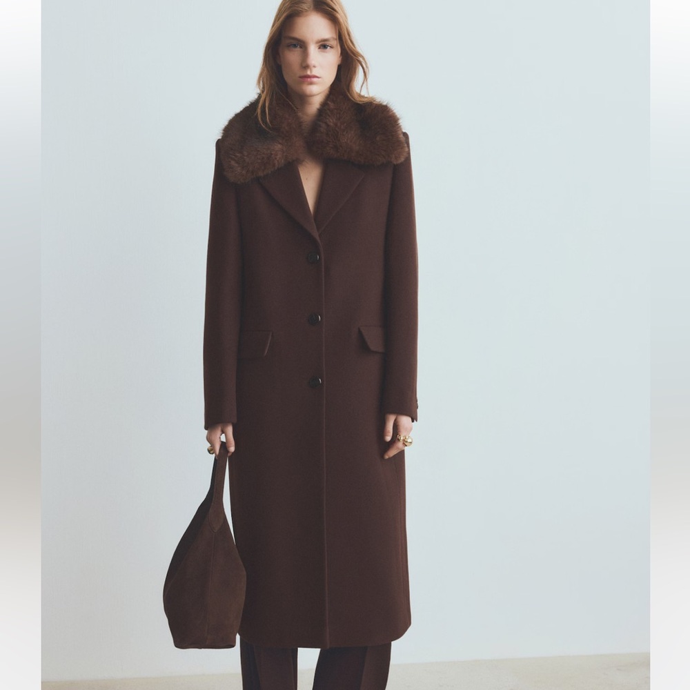 Mango chocolate brown WOOL COAT WITH FUR COLLAR